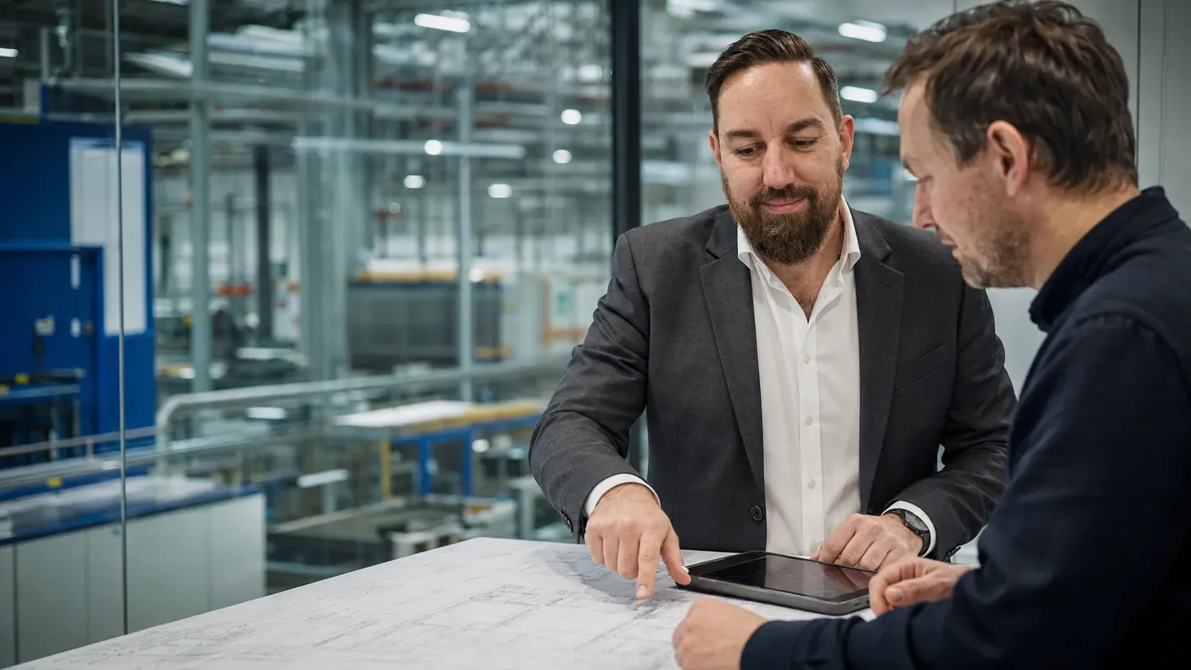 Miljørådgiver gennemgår byggetegninger med en kunde i en industribygning