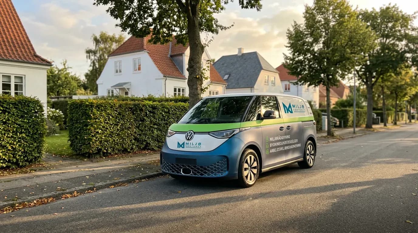 Miljøkontorets firmabil parkeret på en villavej