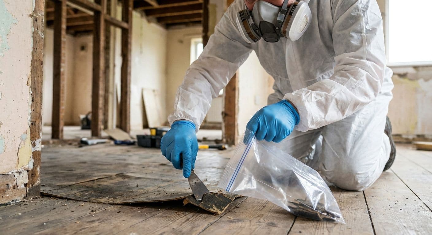 Rådgiver i beskyttelsesdragt og P3-åndedrætsværn udtager en materialeprøve fra et gulv under renovering